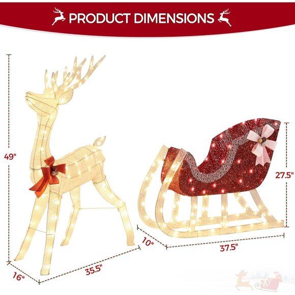 New 4ft Pre-lit Reindeer & Sleigh Set with 360 LED Lights for Christmas Decor - Picture 5 of 9